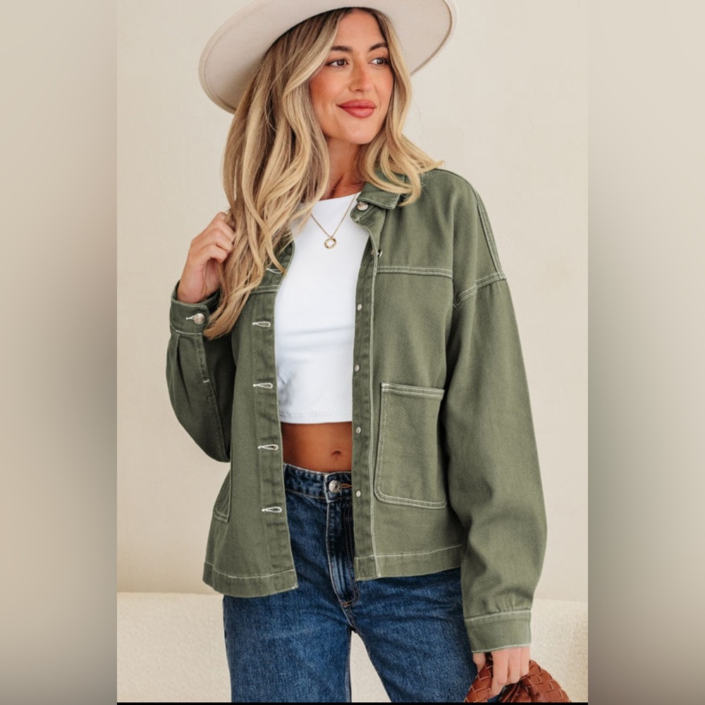 Luna - Olive Green Boyfriend Denim Jacket - Picture 2 of 5